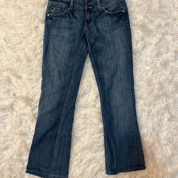 Miss Me Y2K Flare Jeans 2/3 Low Rise Paisley Print Corduroy Pockets Medium Wash - Picture 4 of 7